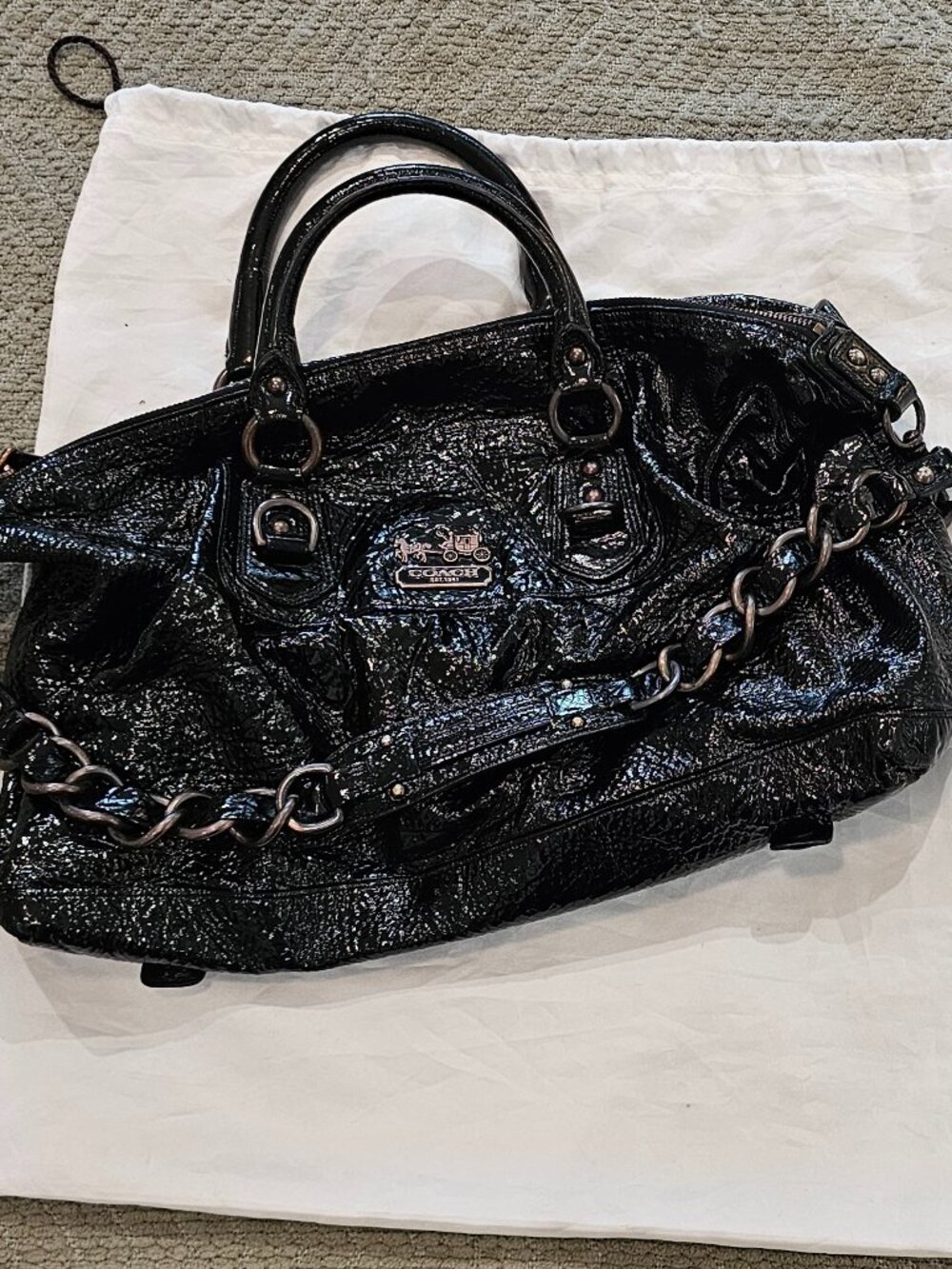 Coach Black Patent Leather Satchel Shoulder Bag Chain Strap Large Purse